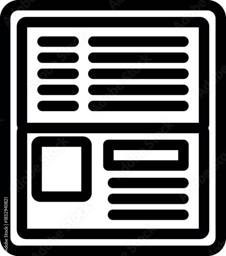 Simple, bold, thick line icon representing a newspaper page with columns, image placeholder and title