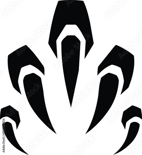 Black and white graphic illustration of a stylized animal claw mark.
