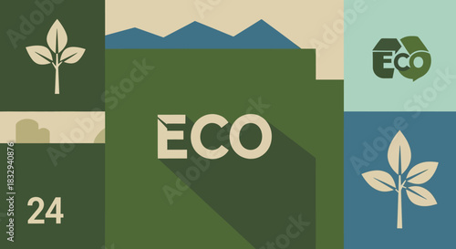 Eco friendly concept with leaves and mountains.
