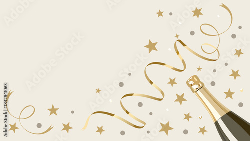 Celebratory champagne bottle with golden ribbon and stars on a beige background