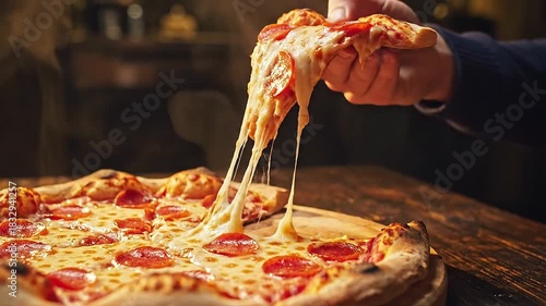 Quick snack option is a single cinematic shots of pizza slice grab