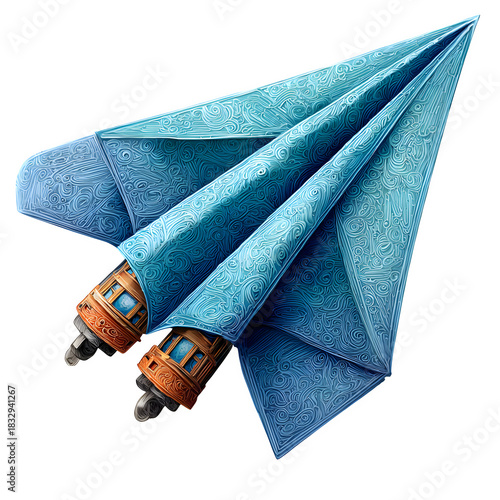 Whimsical paper airplane with intricate patterns and steampunk-inspired engines, ready for flight and inspiring creativity and innovation, soaring dreams