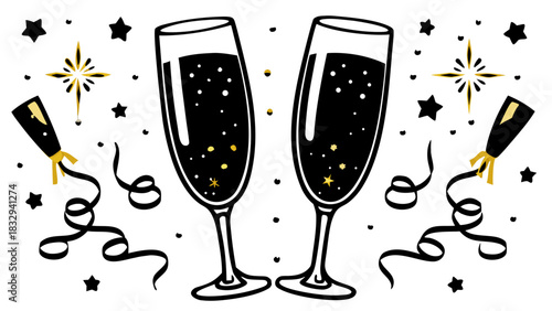 Two champagne flutes toasting with stars and streamers