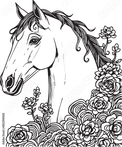 Serene Equine Portrait: An exquisite monochromatic illustration of a majestic horse, its elegant features framed by delicate floral embellishments, creating a harmonious blend of nature and art.