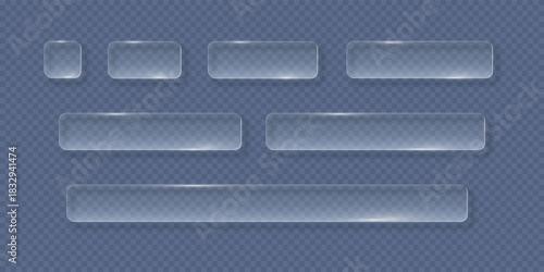 Transparent glass buttons. Liquid glass design elements with morphism effect. Modern digital interface icons for web and app design with rounded frame and subtle shadow. Vector illustration.