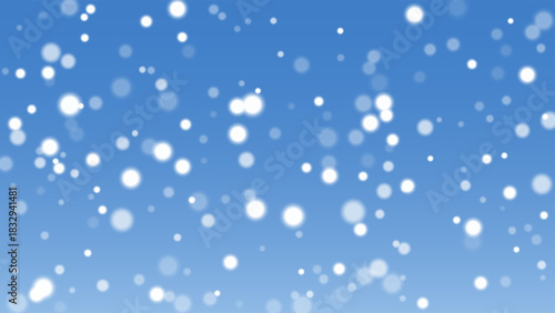 Snowfall background with soft white snowflakes drifting across blue sky. Gentle winter atmosphere with floating particles. Festive, season, climate design. Abstract vector illustration.