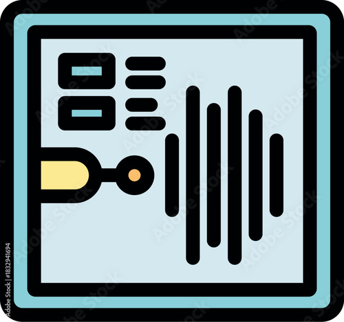 Voice recognition software processing audio input, generating a visual sound wave representation on a computer monitor