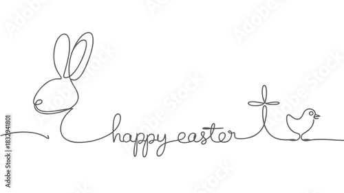 Minimalist single line drawing of a bunny happy easter text and a chick with a cross symbol