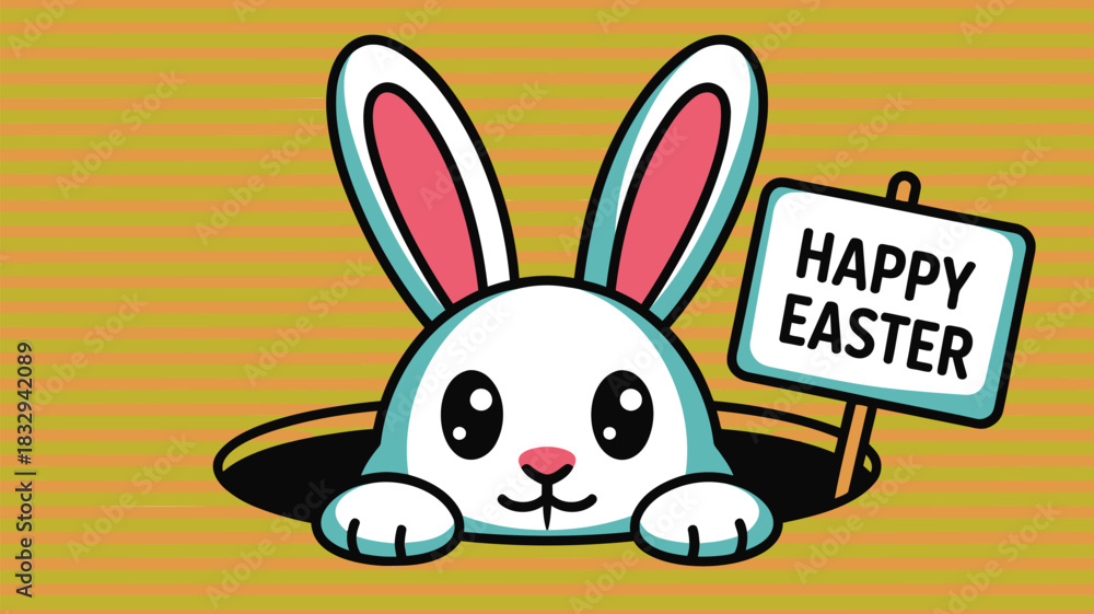 Obraz premium Cute cartoon white bunny peeking out of a hole holding a happy easter sign