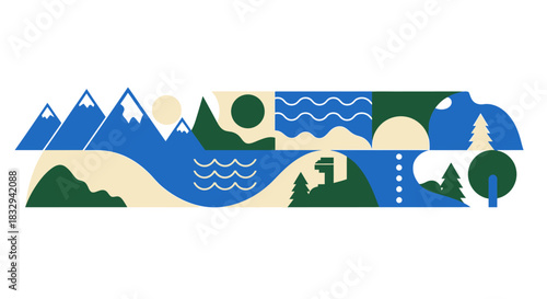 Abstract Landscape Illustration with Mountains Water and Trees.