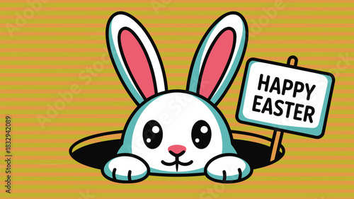 Cute cartoon white bunny peeking out of a hole holding a happy easter sign