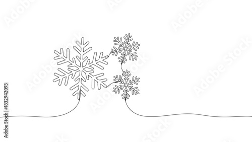 Abstract one line art drawing of snowflakes forming a delicate pattern, continuous line illustration conveying winter's beauty
