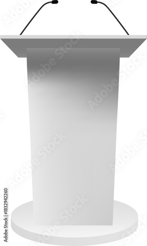 White podium standing with two microphones presenting speech