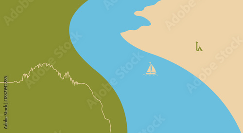 River landscape with a sailboat green land and beige land.