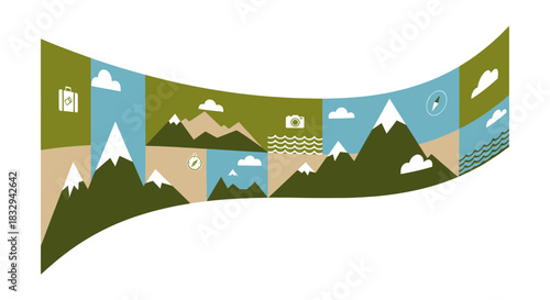 Stylized Mountain Landscape Collage Banner Illustration.