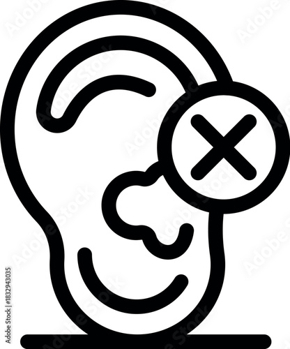 Simple black and white line drawing of an ear with a cross, symbolizing hearing loss, deafness, or the need for silence
