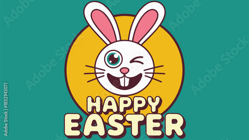 Whimsical winking easter bunny with happy easter text on teal background
