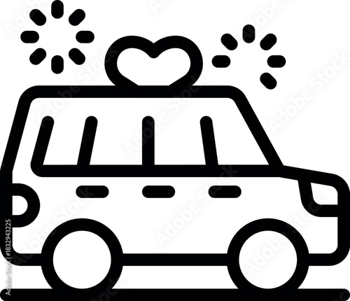 Wedding car with heart celebrating a just married couple with fireworks