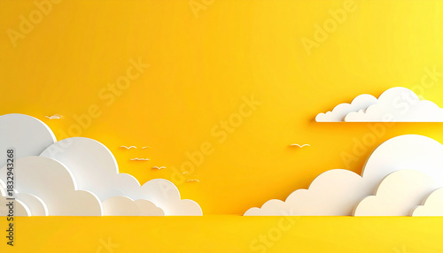 Fototapeta Naklejka Na Ścianę i Meble -  3d render abstract minimal yellow background with white clouds flying out the tunnel
