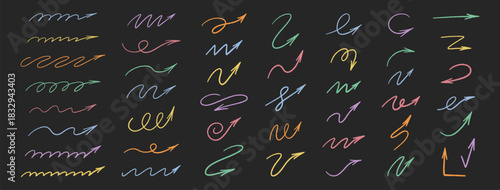 Arrow crayon hand drawn set. Color curve lines on black background. Chalk, charcoal, pastel doodle direction pointers. Pencil sketch. Grunge textured strokes, underlines. Freehand waved arrows. Vector