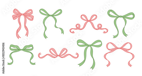 Coquette red and green bow set. Line art drawings, different vintage ribbons. Christmas, Valentine's, Birthday gift in retro style. Girly hairstyle accessories, romantic design. Vector illustration.