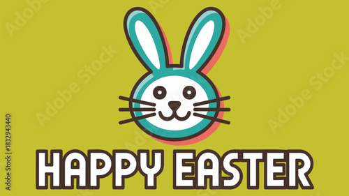 Cute cartoon bunny face with happy easter text on a yellow background for spring holiday celebrations