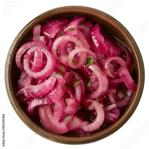 Pickled red onion rings in a wooden bowl isolated on transparent background