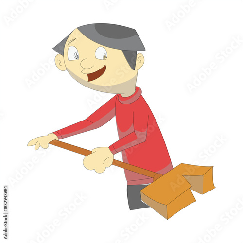 Diligent worker sweeping the floor with a broom. Concept of cleanliness and maintenance