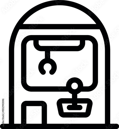 Claw crane arcade game machine with joystick and claw grabbing a prize, amusement park entertainment concept