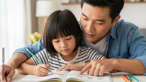 Asian dad helping child with schoolwork at home during daytime  