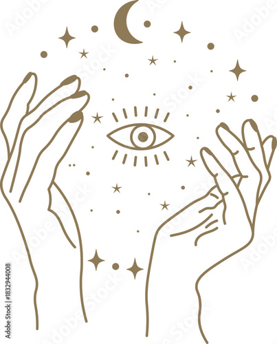 Hands holding mystic eye with cosmic stars and moon