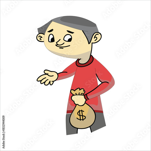 Happy worker holding a money bag with a dollar sign. Concept of salary, tips, or profitable business