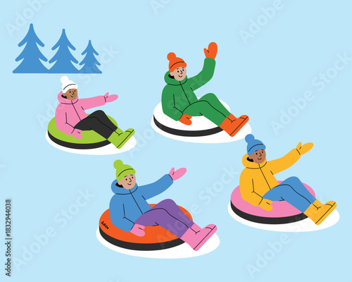 Winter snow tubing fun energetic children enjoying snowy outdoor action with tubes and warm clothing, joyful holiday illustration fitting Christmas designs, family themes