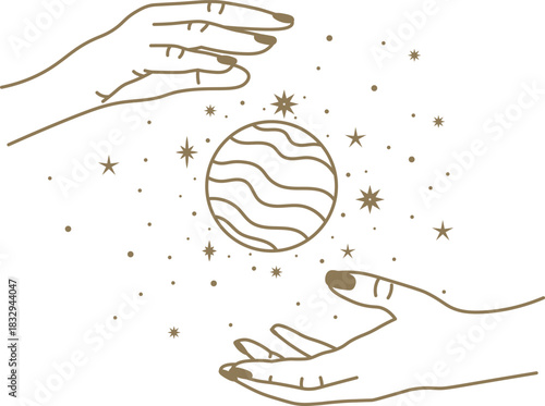 Hands holding celestial planet with stars abstract illustration
