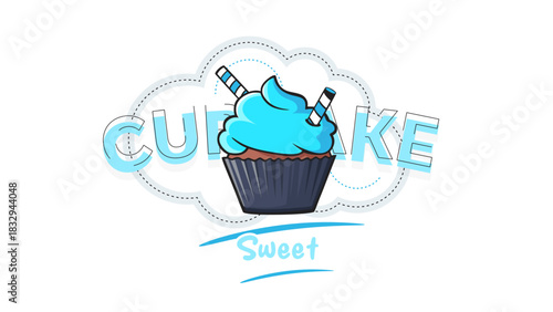 Cartoon Cupcake vector illustration in blue and black with striped straw toppings and a dashed cloud frame. Features "CUPCAKE Sweet" typography. Ideal for sweet food advertising, bakery logos. Cake