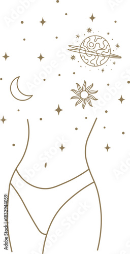 Female body featuring celestial symbols and stars