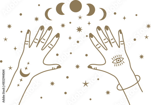 Hands holding celestial moon phases and stars