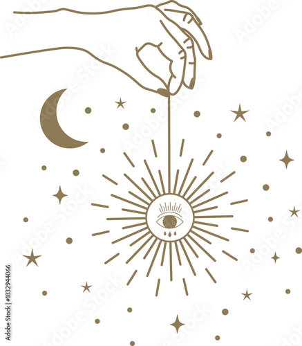 Hand holding crying third eye sun with celestial elements