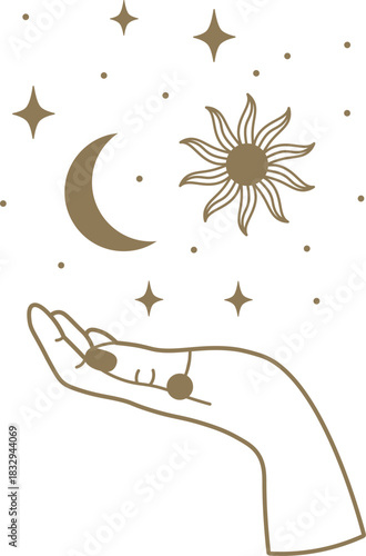 Hand holding cosmic elements showing a spiritual connection