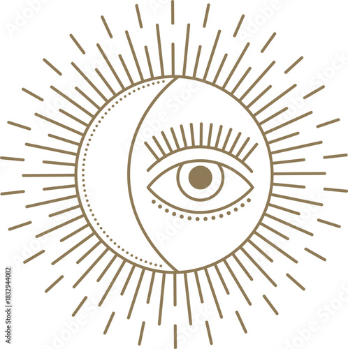 Celestial eye symbol with sun and moon rays
