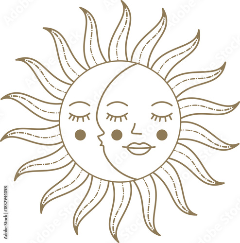 Celestial sun and moon faces embracing cosmic harmony