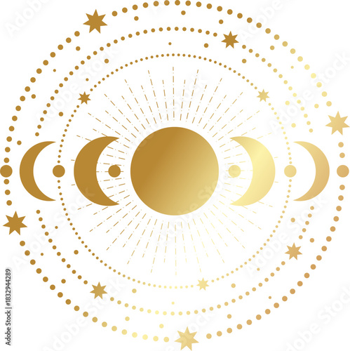 Golden sun and moon phases celestial mandala