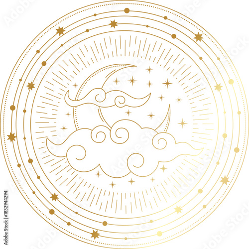 Golden celestial circle with moon, clouds, stars
