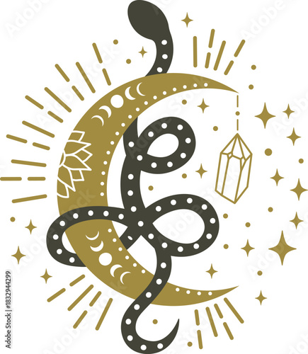 Mystical snake coiling around a celestial crescent moon