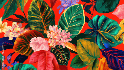 Vibrant botanical pattern with exotic leaves and flowers in various bright colors against a striking red background, digitally painted.