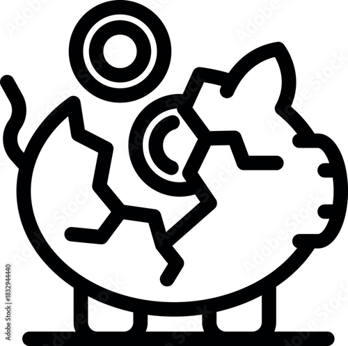 Broken piggy bank is losing coins, symbolizing economic crisis and financial instability