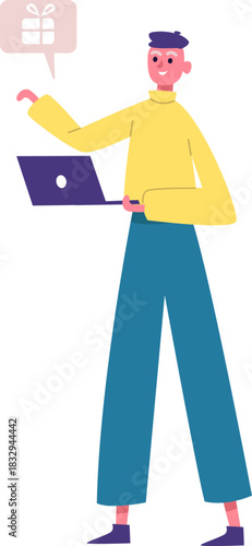 Man using laptop pointing at gift notification