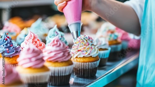 A baker carefully decorates cupcakes with frosting, adding a sweet, colorful touch that makes these delightful treats even more appealing for any dessert lover.