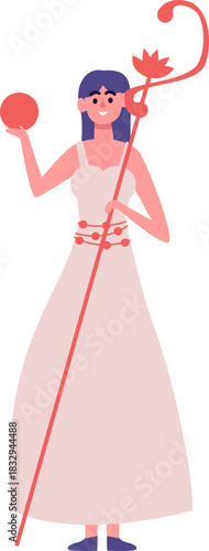 Woman holding sphere and staff symbolizing power