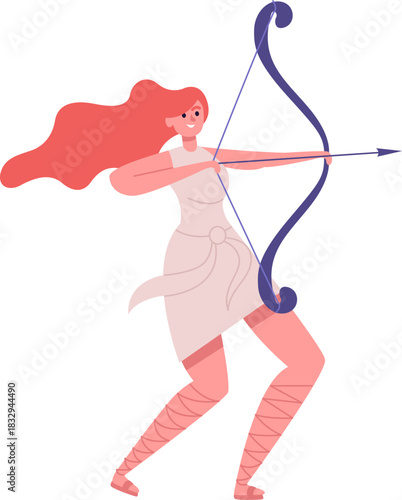 Female archer drawing bow aiming arrow